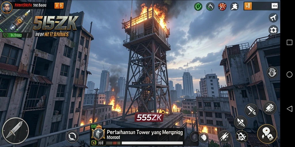 Tampilan gameplay menegangkan di 555ZK saat melindungi tower.