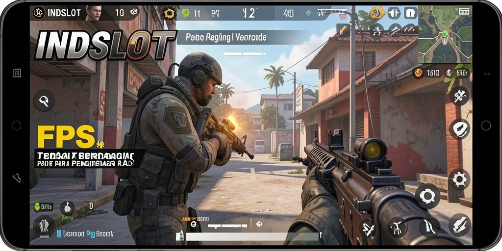 Cuplikan gameplay intens dari INDSLOT yang menunjukkan aksi FPS yang menegangkan.