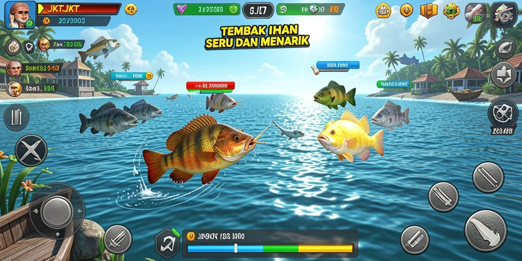 Gameplay seru JKTJKT dalam menembak ikan yang berwarna-warni.