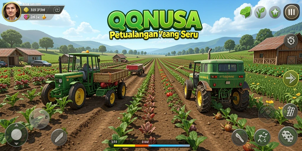 Tampilan gameplay QQNUSA dengan berbagai tanaman dan ladang yang subur.