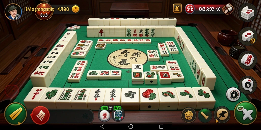 Screenshot permainan Mahjong RICIS77 dengan tampilan papan dan ubin.